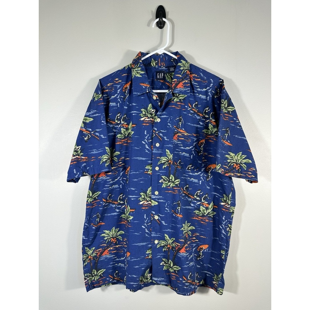 Vtg Gap Shirt Mens Large Hawaiian‎ Camp Cotton Tropical Vacation Palm Tree Y2K